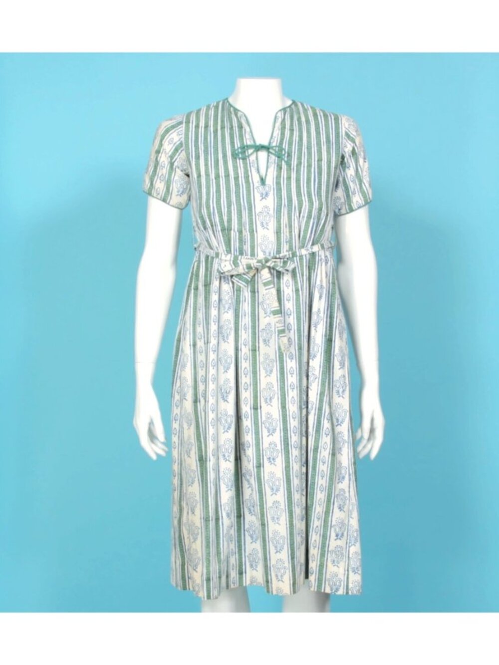 TREACY LOWE Vtg 1970s Hippie Boho Block Print Floral Leaf Belted Dress XS /934